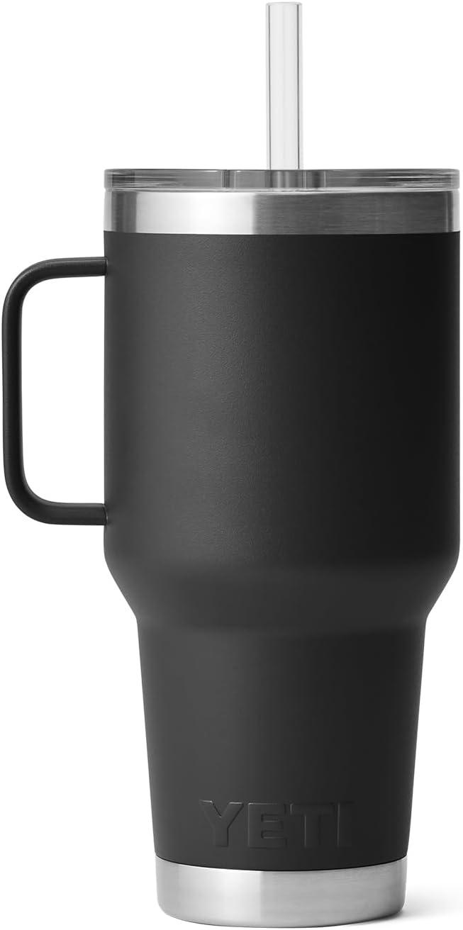 imageYETI Rambler 42 oz Tumbler with Handle and Straw Lid Travel Mug Water Tumbler Vacuum Insulated Cup with Handle Stainless Steel Cherry Blossom TexturedBlack