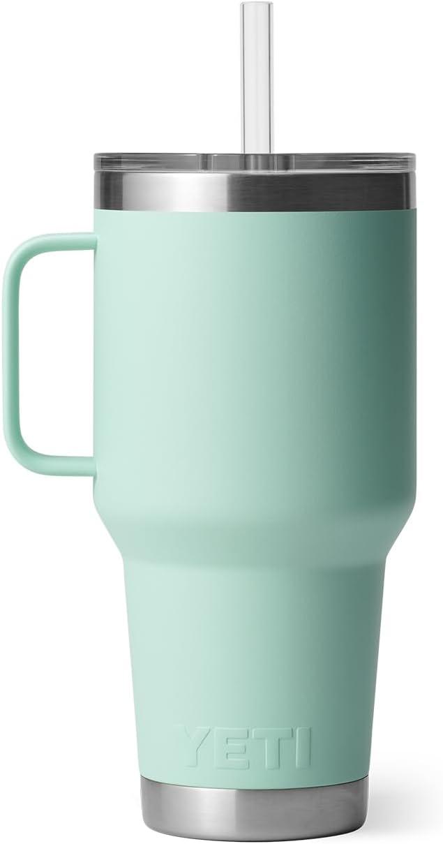 imageYETI Rambler 42 oz Tumbler with Handle and Straw Lid Travel Mug Water Tumbler Vacuum Insulated Cup with Handle Stainless Steel Cherry Blossom TexturedSeafoam