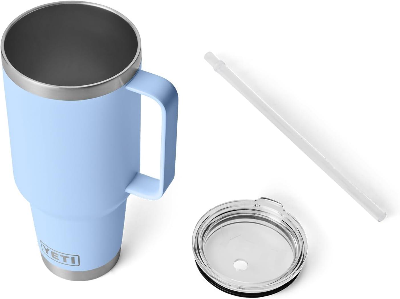 imageYETI Rambler 42 oz Tumbler with Handle and Straw Lid Travel Mug Water Tumbler Vacuum Insulated Cup with Handle Stainless Steel Cherry Blossom TexturedBig Sky Blue