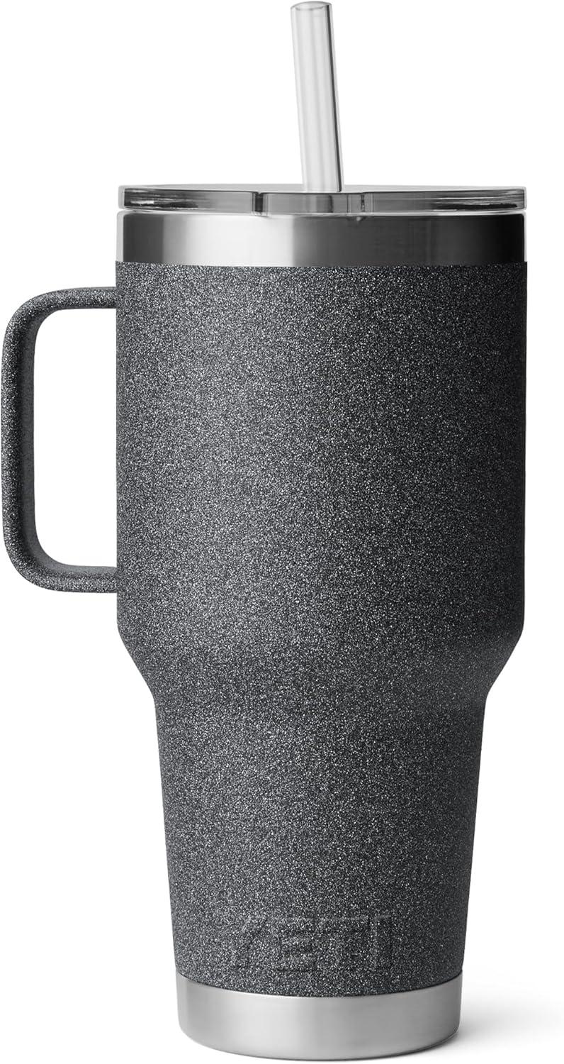 imageYETI Rambler 42 oz Tumbler with Handle and Straw Lid Travel Mug Water Tumbler Vacuum Insulated Cup with Handle Stainless Steel Cherry Blossom TexturedBlack StoneTextured
