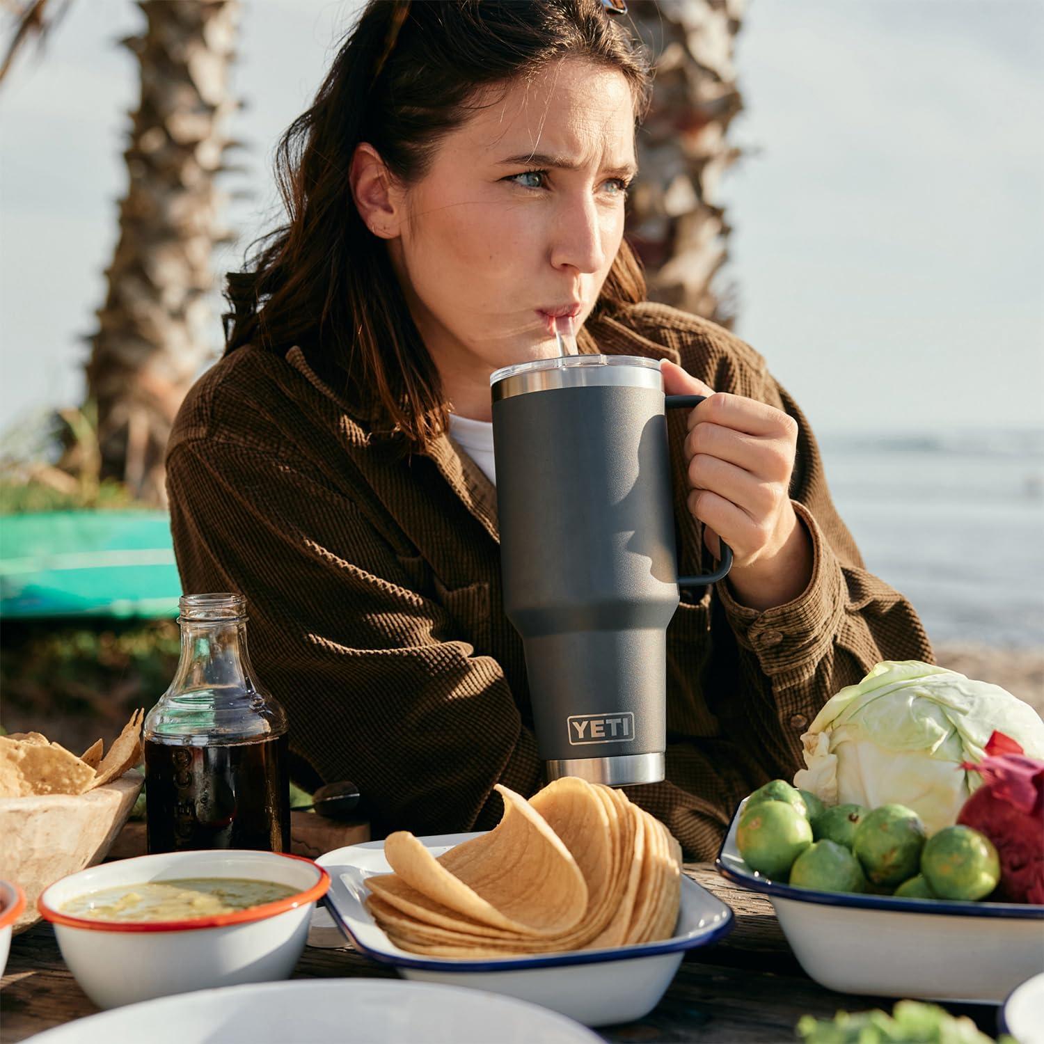imageYETI Rambler 42 oz Tumbler with Handle and Straw Lid Travel Mug Water Tumbler Vacuum Insulated Cup with Handle Stainless Steel Cherry Blossom TexturedBig Sky Blue