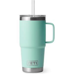 YETI Rambler 42 oz Tumbler with Handle and Straw Lid, Travel Mug Water Tumbler, Vacuum Insulated Cup with Handle, Stainless Steel, Cherry Blossom – Textured(Seafoam)