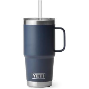 YETI Rambler 42 oz Tumbler with Handle and Straw Lid, Travel Mug Water Tumbler, Vacuum Insulated Cup with Handle, Stainless Steel, Cherry Blossom – Textured(Navy)