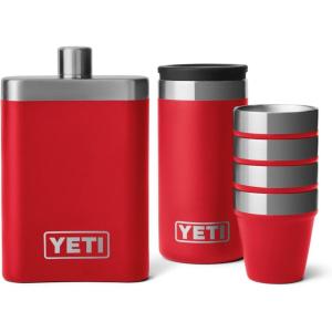 YETI 7 oz Flask with Color Matching Set of Shot Glasses, Rescue Red