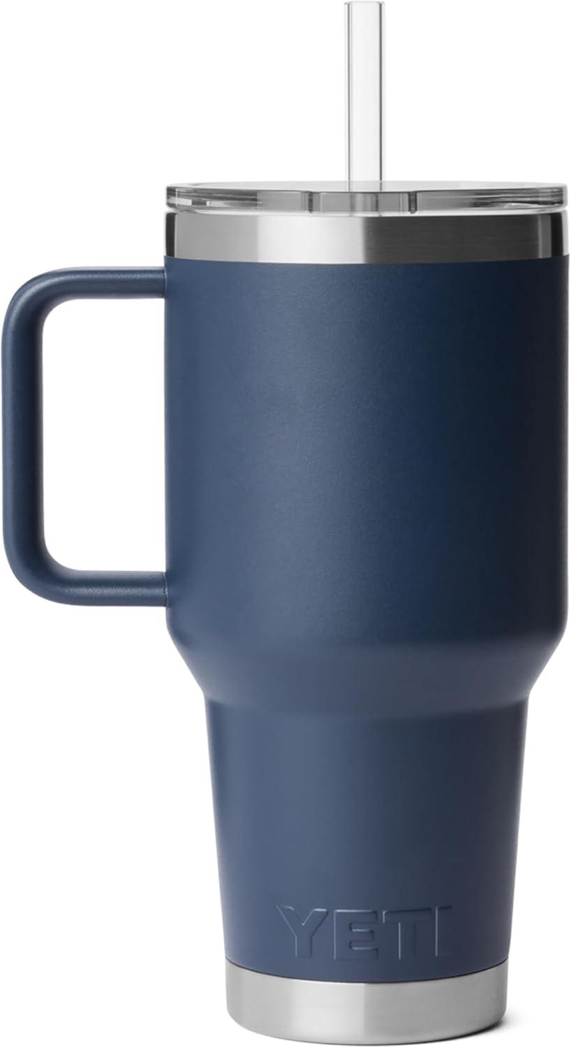imageYETI Rambler 35 oz Straw Mug 20 DoubleWall Vacuum Insulation for Cold Beverages Dishwasher Safe Cupholder Compatible Reusable Straw Comfortable Grip Handle Travel Mug RidgelineNavy
