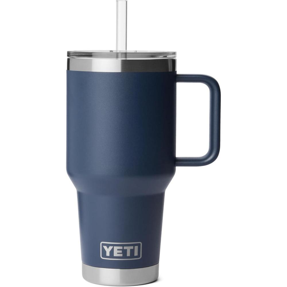 imageYETI Rambler 35 oz Straw Mug 20 DoubleWall Vacuum Insulation for Cold Beverages Dishwasher Safe Cupholder Compatible Reusable Straw Comfortable Grip Handle Travel Mug RidgelineNavy